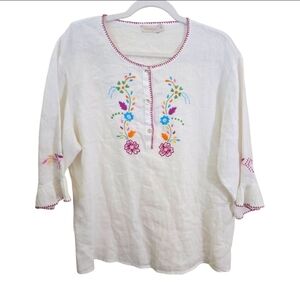 Isla Parente Stunning 100% Linen Embroidered Peasant Blouse Size XL